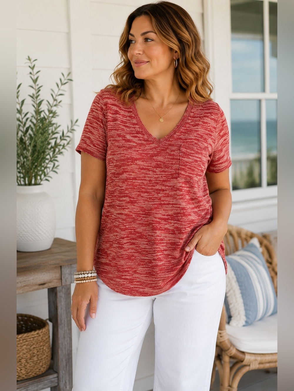 Torrid Size 1 Red Cream Marled Knit V Neck Pocket Tee 100% Cotton
